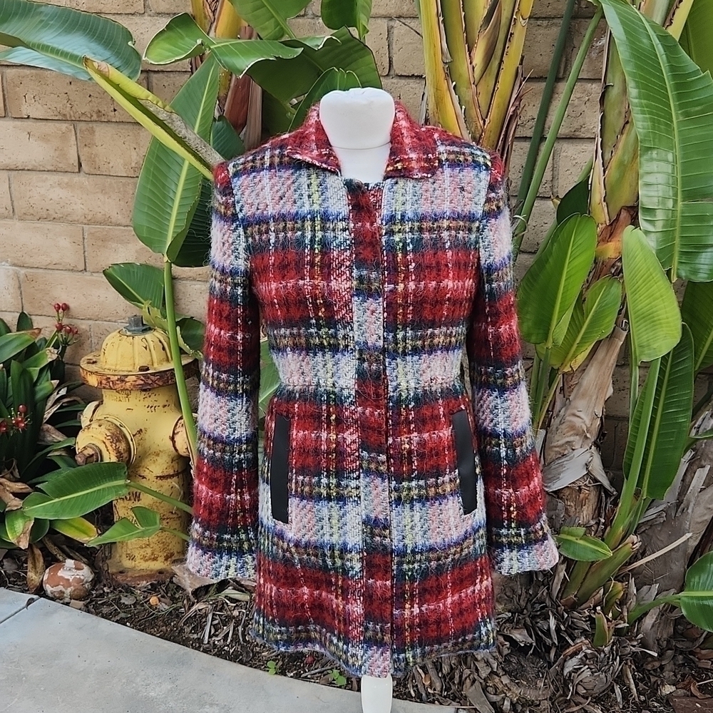 L'Agence wool blend, leather trimmed red plaid jacket size small